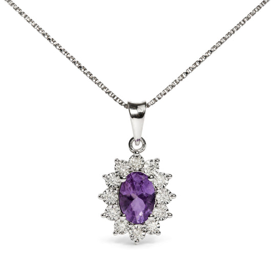 Close-up front view of a white metal necklace with an oval purple gemstone pendant surrounded by round white gemstones in a floral cluster design shown on a white background.