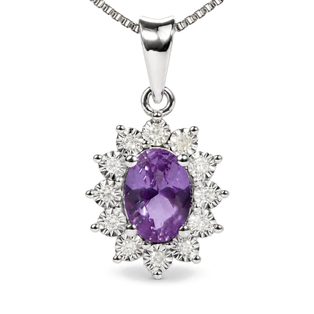 Close-up front view of a white necklace pendant featuring a large oval purple gemstone surrounded by round white gemstones in a floral design. The pendant is attached to a box chain.