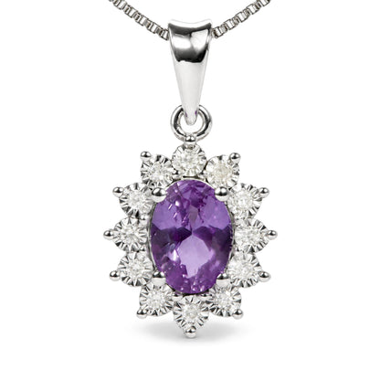 Close-up front view of a white necklace pendant featuring a large oval purple gemstone surrounded by round white gemstones in a floral design. The pendant is attached to a box chain.