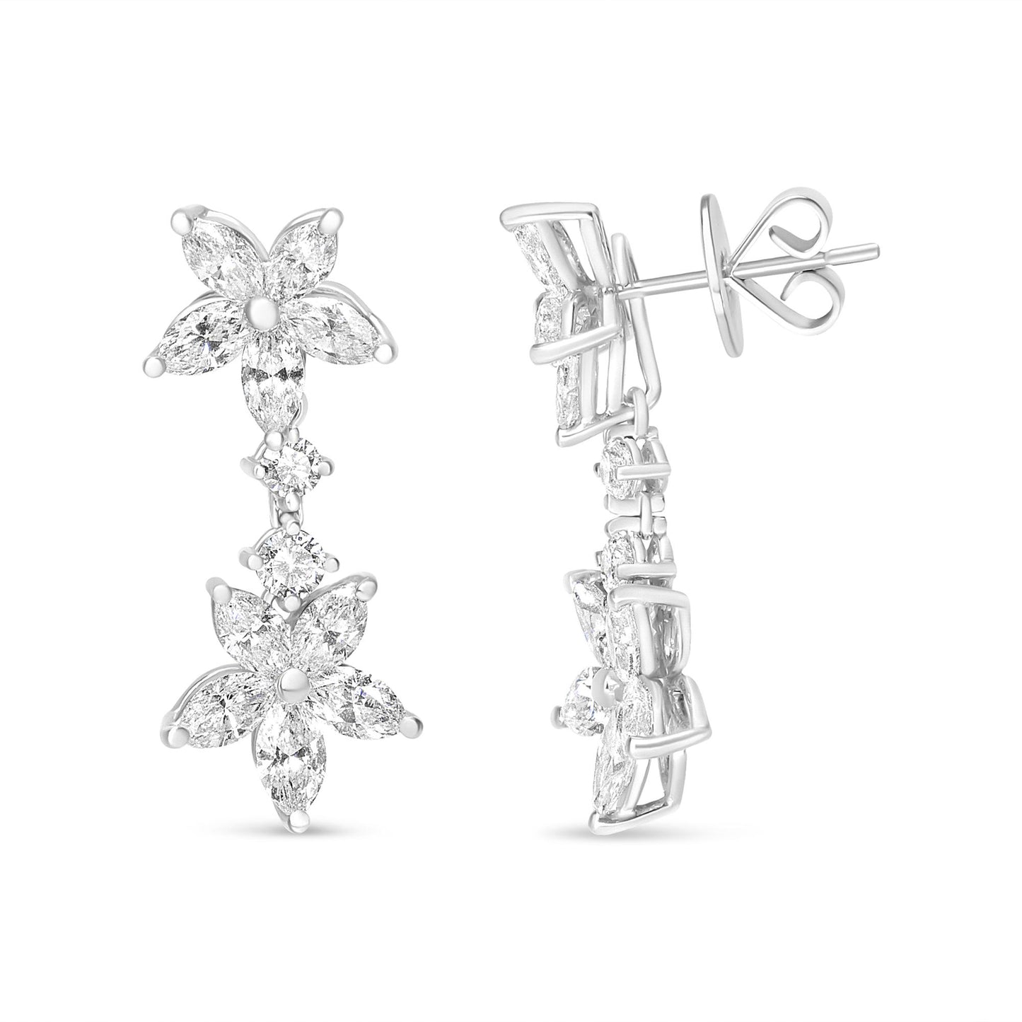 Pair of white metal earrings shown from front and side angles, featuring two floral clusters of marquise-shaped white gemstones and round-shaped white gemstones in between, with prong settings.