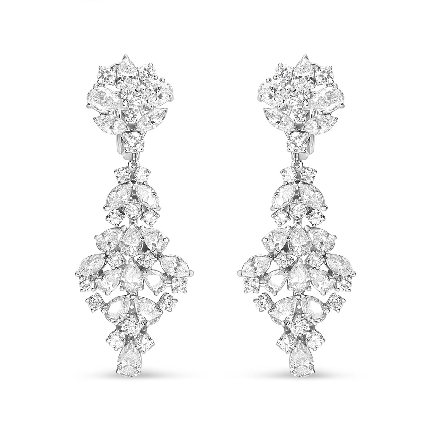 Front-facing view of white metal drop earrings featuring an intricate arrangement of marquise, oval, round, and pear-shaped white gemstones in prong settings.