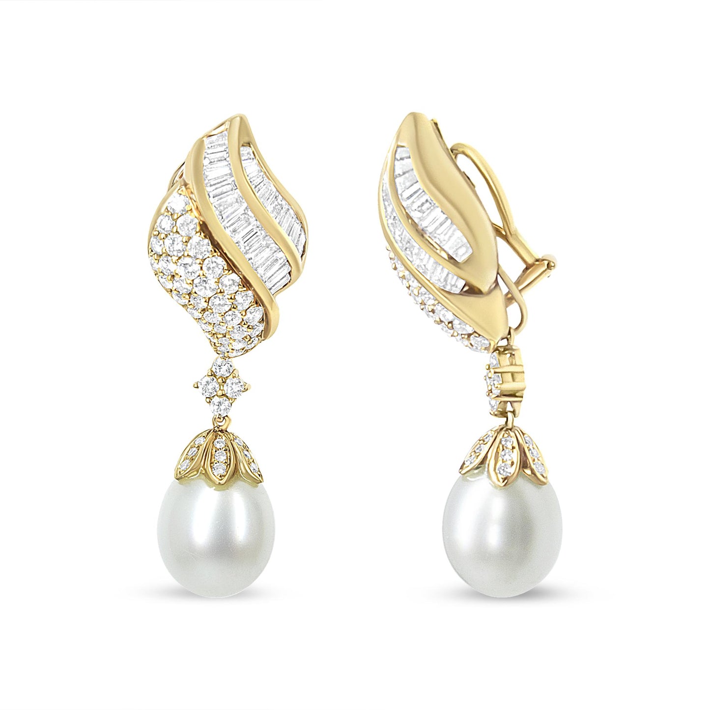 Front and side view of yellow metal drop earrings with white gemstones in baguette and round shapes, featuring round white gemstone dangles resembling pearls.
