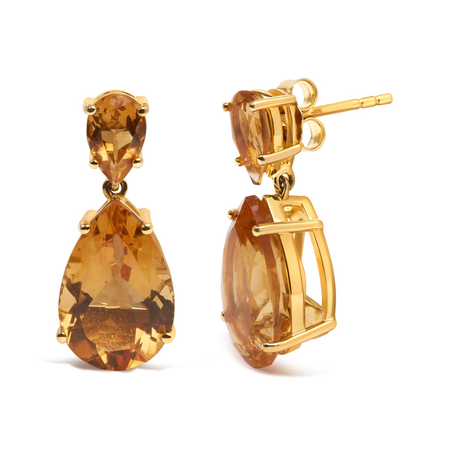 Pair of yellow metal earrings with two pear-shaped orange gemstones each in 4-prong settings, shown from front and side angles.