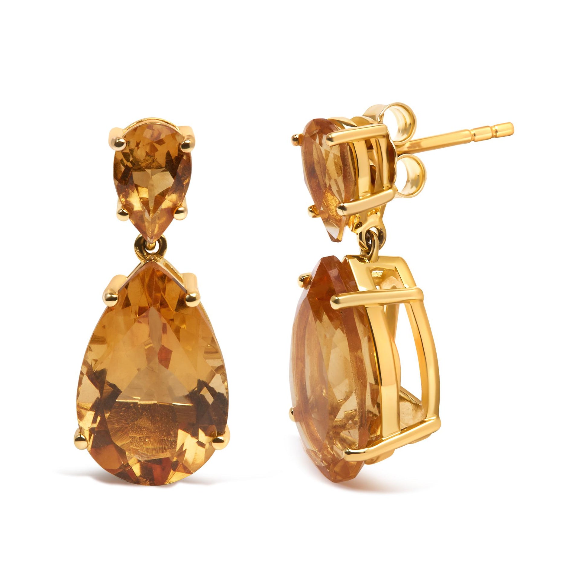 Pair of yellow metal earrings with two pear-shaped orange gemstones each in 4-prong settings, shown from front and side angles.