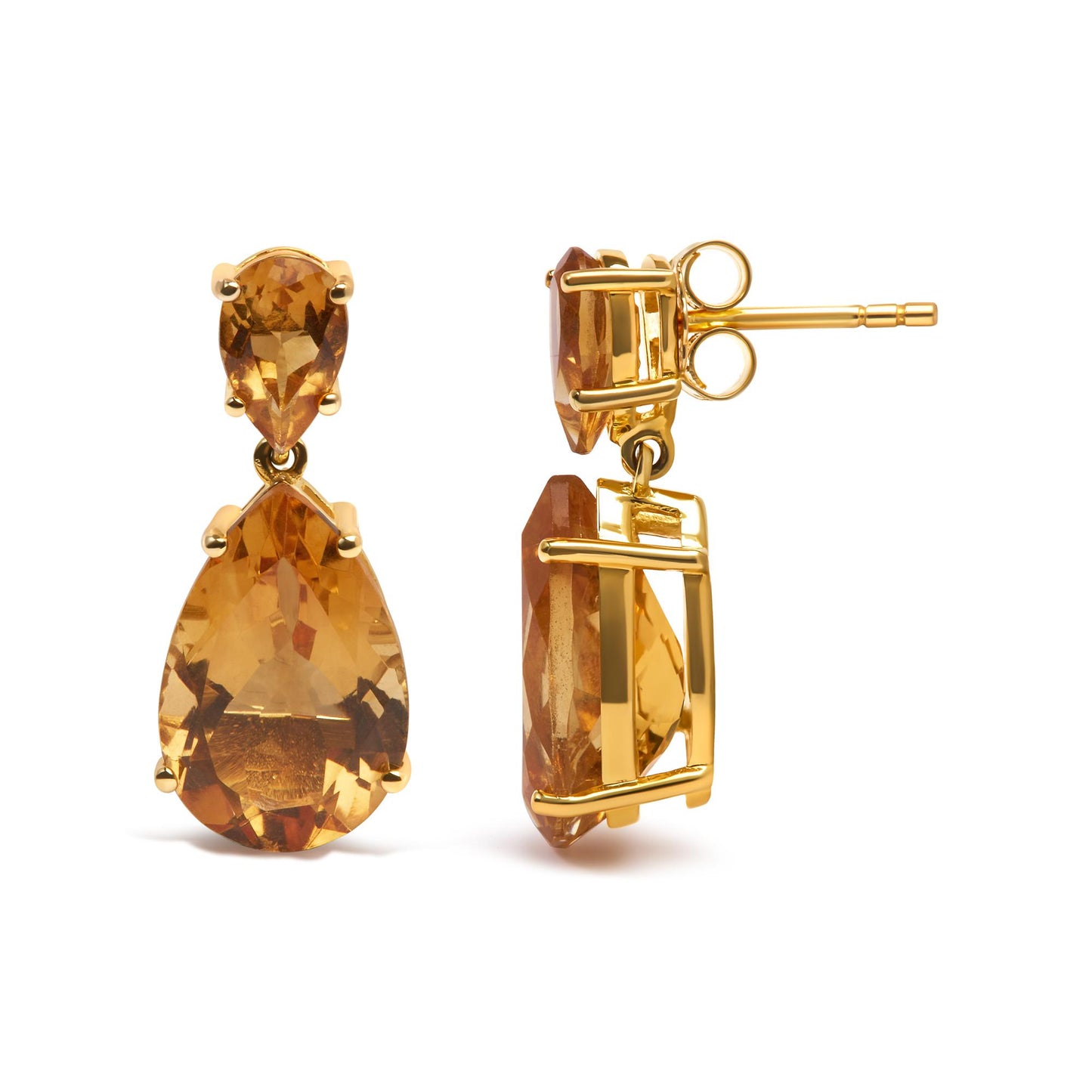 Front and side view of yellow metal earrings with two pear-shaped orange gemstones in a 4-prong setting.