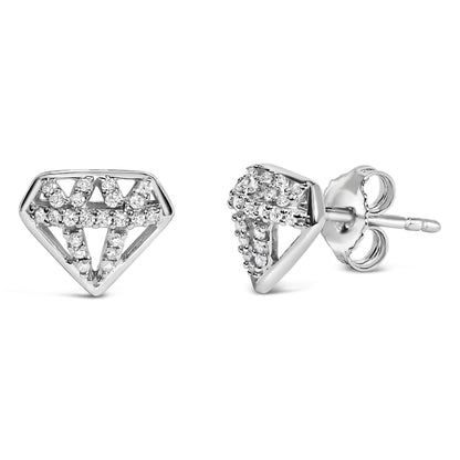 Close-up front and side angled view of white metal stud earrings shaped like a diamond outline, adorned with white round prong-set gemstones.