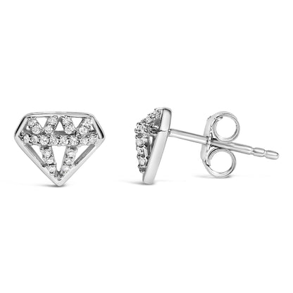 Pair of white metal stud earrings shaped like geometric diamonds with round white gemstones in prong settings, one shown front-facing and the other shown from the side, photographed against a white background.