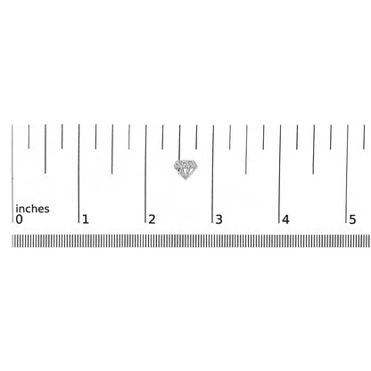 Close-up front angle of a small white metal earring shaped like a diamond with multiple white round gemstones in prong settings, shown on a ruler scale.
