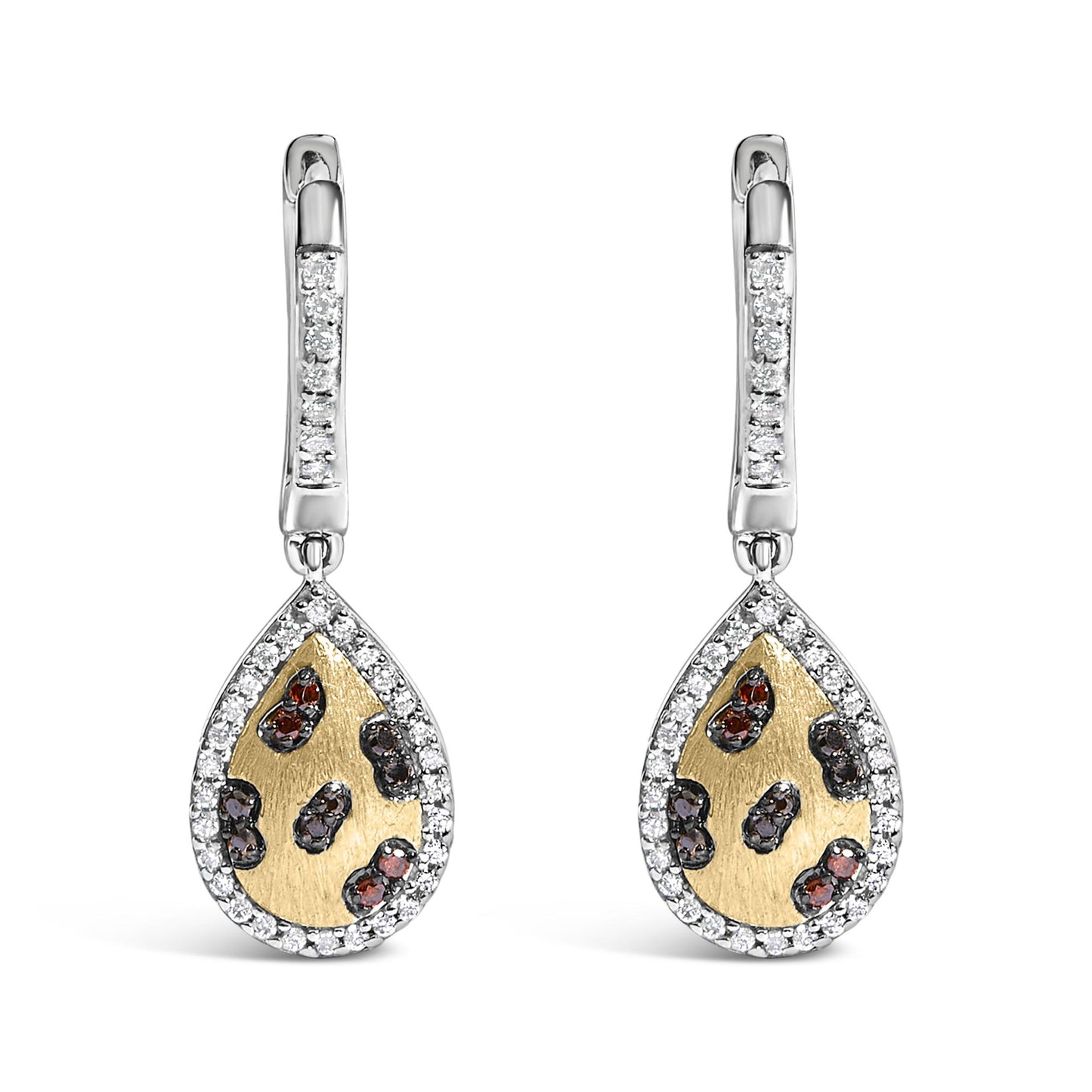 Close-up front view of a pair of yellow metal drop earrings with teardrop-shaped pendants. The pendants feature scattered orange and blue round gemstones in prong settings on a textured yellow background, surrounded by a border of white round gemstones in shared prong settings. The top part of the earrings also has a row of white round gemstones in prong settings. The earrings are shown on a white background.
