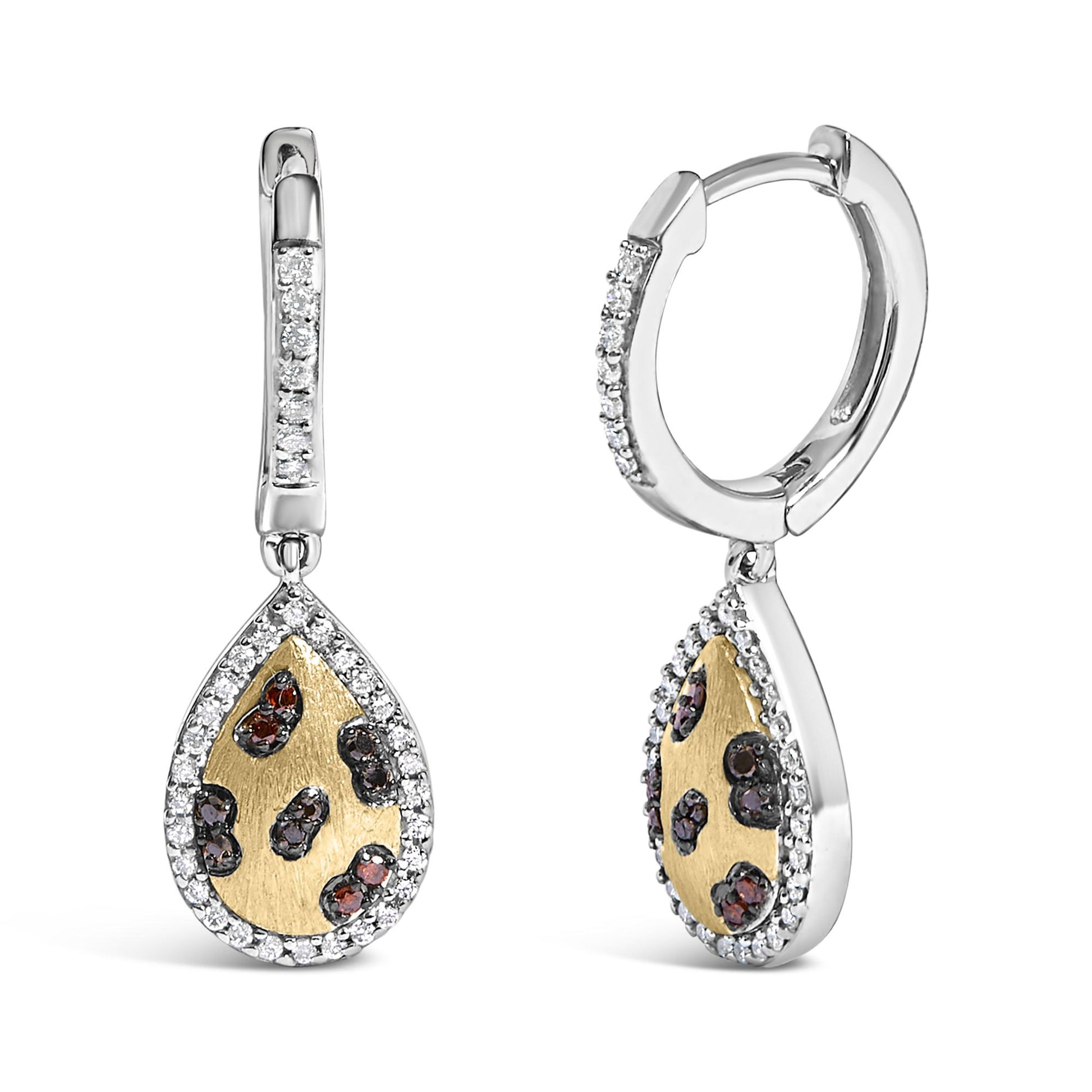 Close-up front and side view of yellow and white metal drop earrings with teardrop shapes decorated with orange and blue round gemstones set in prongs, surrounded by a border of white round gemstones in shared prong settings.
