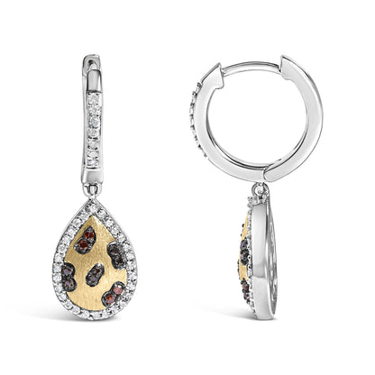 Image of two yellow metal drop earrings shown from front and side angles. Each earring features a teardrop-shaped pendant with small orange and blue round gemstones in prong settings on a yellow metal base, surrounded by a border of white round gemstones in shared prong settings. The earrings hang from a circular hoop with additional white gemstones along the front.