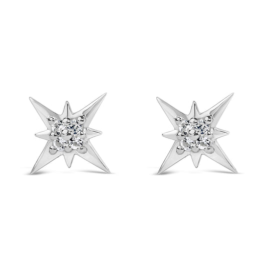 Front view of sterling silver lab created white sapphire starburst stud earrings with clustered stones on white background