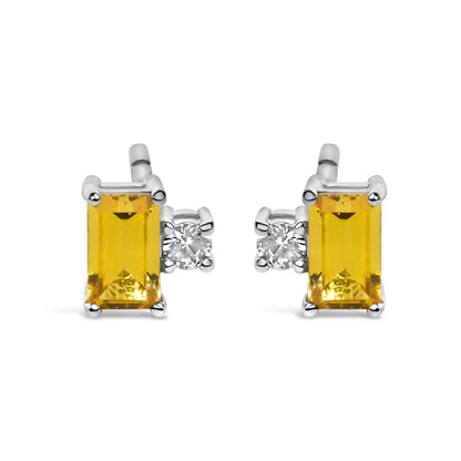 Sterling Silver Baguette Yellow Sapphire and White Sapphire Two-Stone Stud Earrings