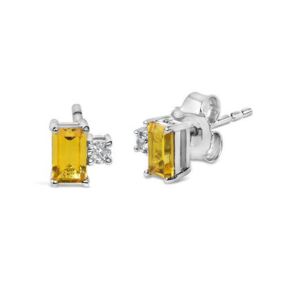 Sterling Silver Baguette Yellow Sapphire and White Sapphire Two-Stone Stud Earrings