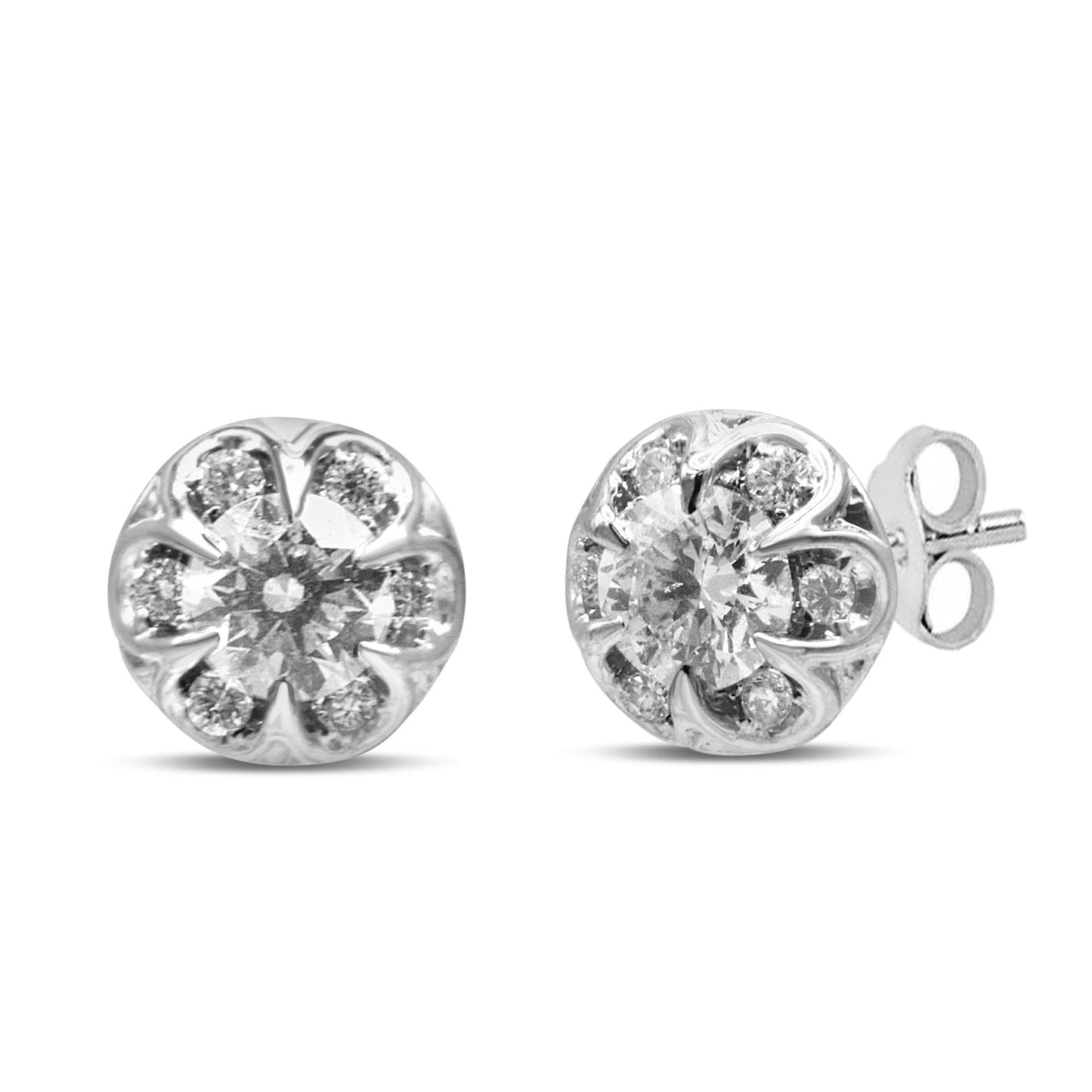 Front and angled view of white metal stud earrings with a large round white gemstone in a six-prong setting surrounded by smaller round white gemstones in four-prong settings.