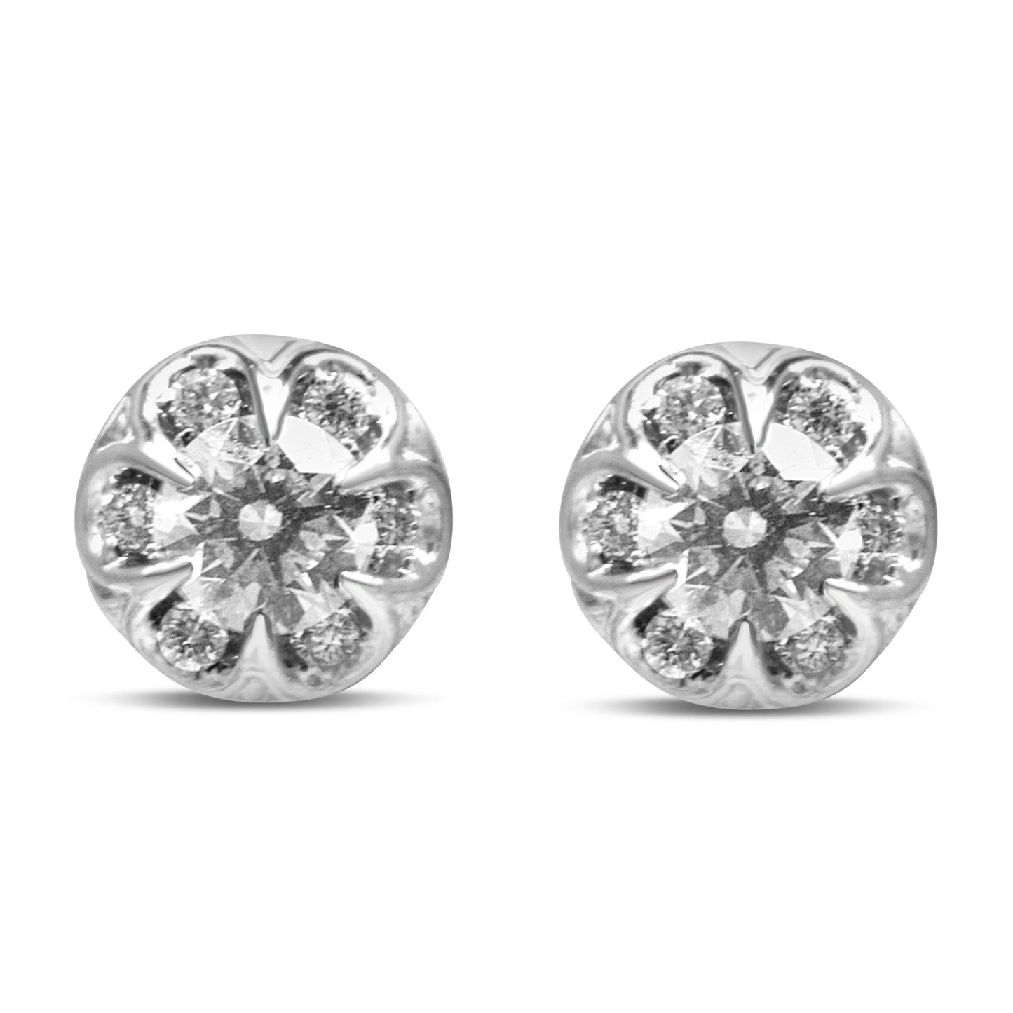 Front view of a pair of white metal round stud earrings with a larger round white gemstone in a 6-prong setting surrounded by smaller round white gemstones in 4-prong settings.