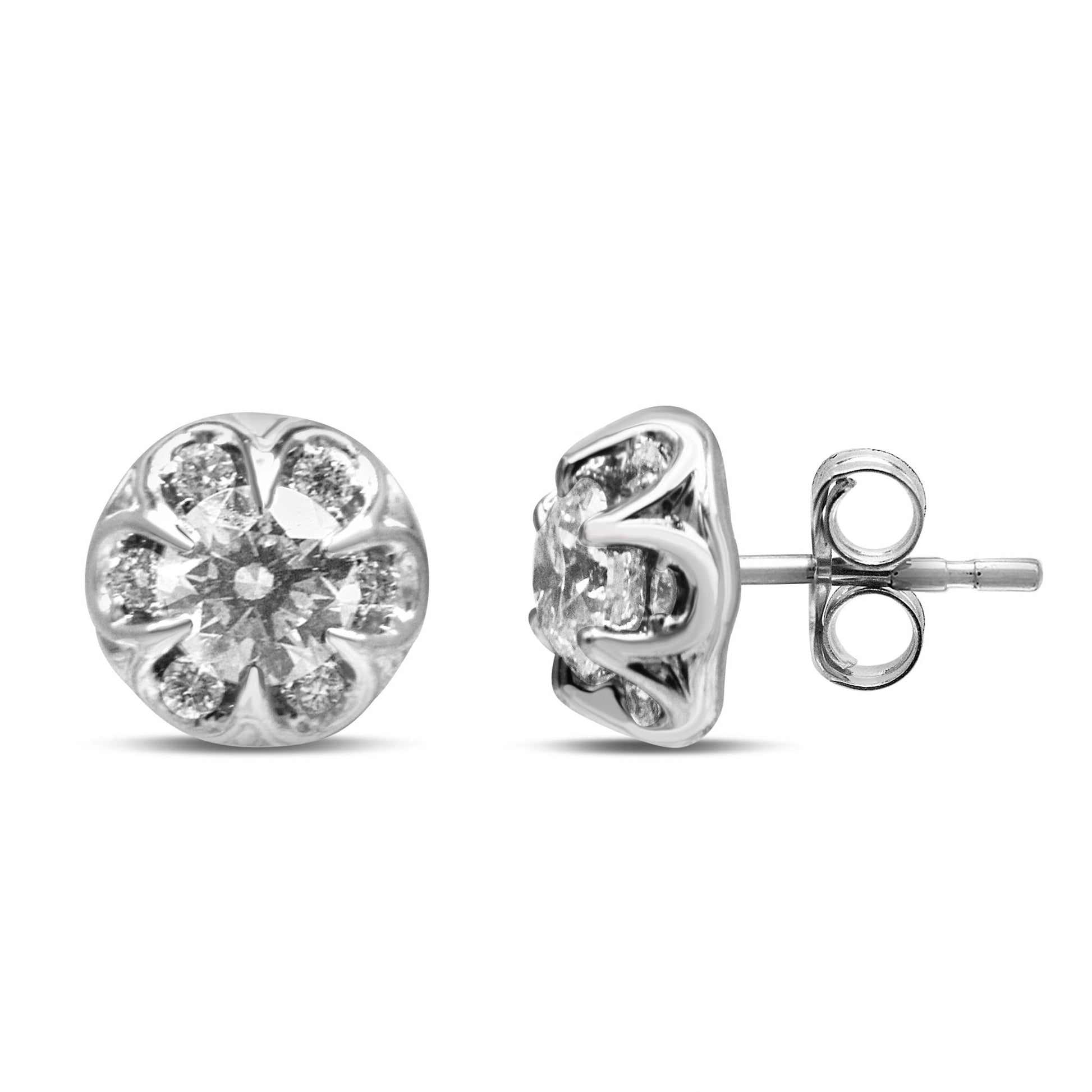 Pair of white metal stud earrings with round white gemstones in 6-prong and 4-prong settings, shown from front and side angles.