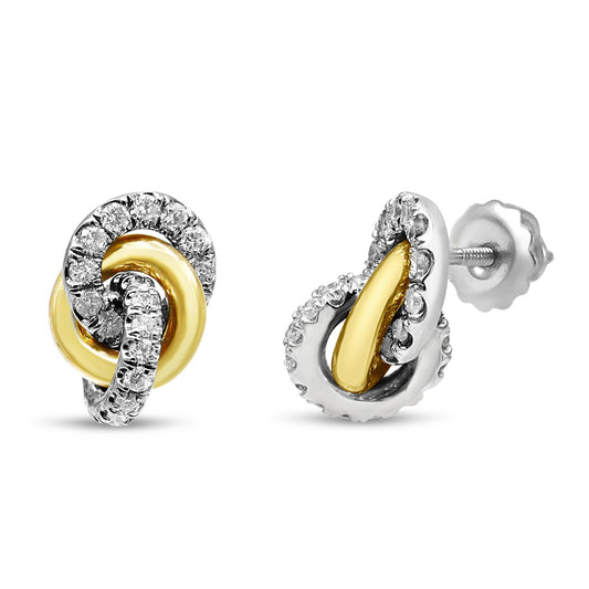 Pair of earrings shown from front and angled side views, featuring interlocking loops in yellow and white metal embellished with round white gemstones in shared prong settings.