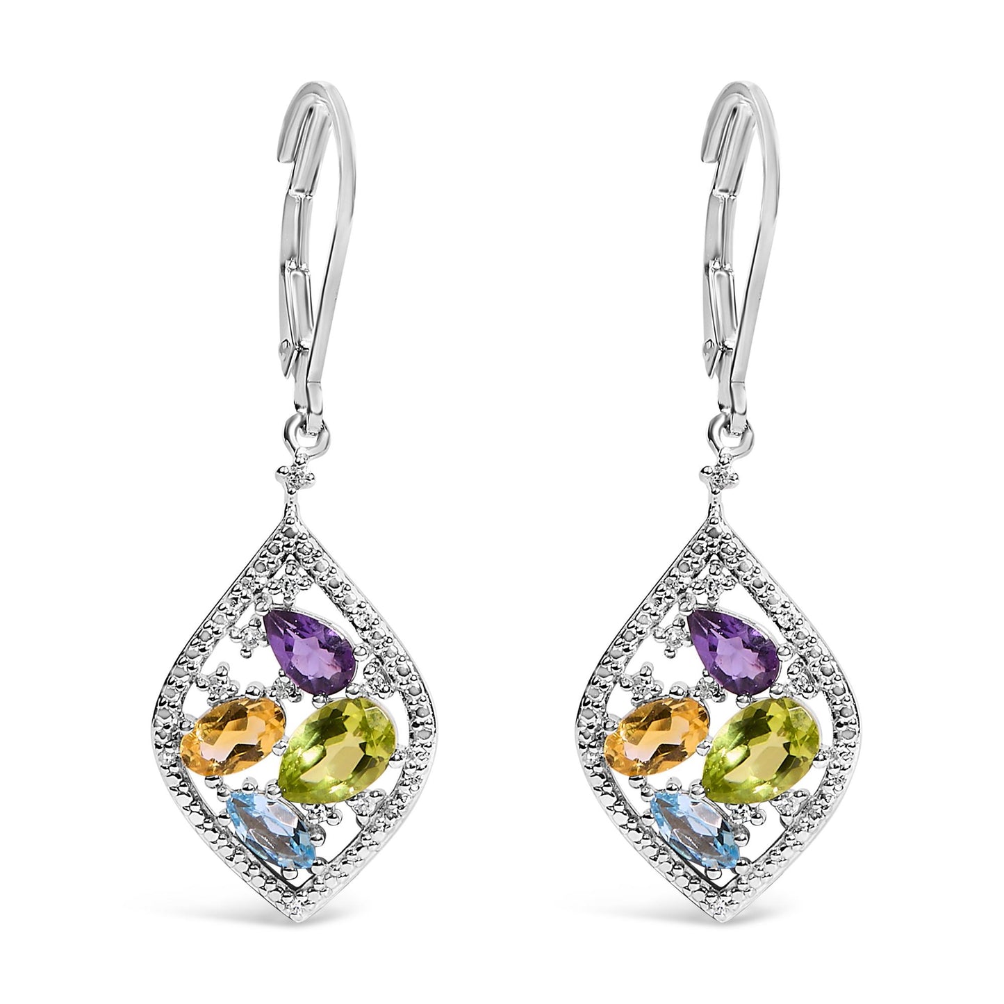 Pair of white metal drop earrings shown in a front-facing view, each featuring a teardrop-shaped frame adorned with pavé-set round white gemstones outlining the frame and interior. Inside the frame are prong-set purple pear-shaped, green pear-shaped, yellow oval-shaped, and blue marquise-shaped gemstones.