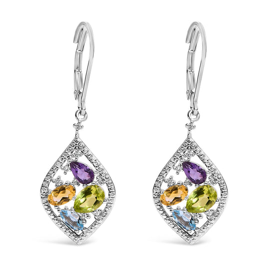 Pair of white metal drop earrings shown in a front-facing view, each featuring a teardrop-shaped frame adorned with pavé-set round white gemstones outlining the frame and interior. Inside the frame are prong-set purple pear-shaped, green pear-shaped, yellow oval-shaped, and blue marquise-shaped gemstones.