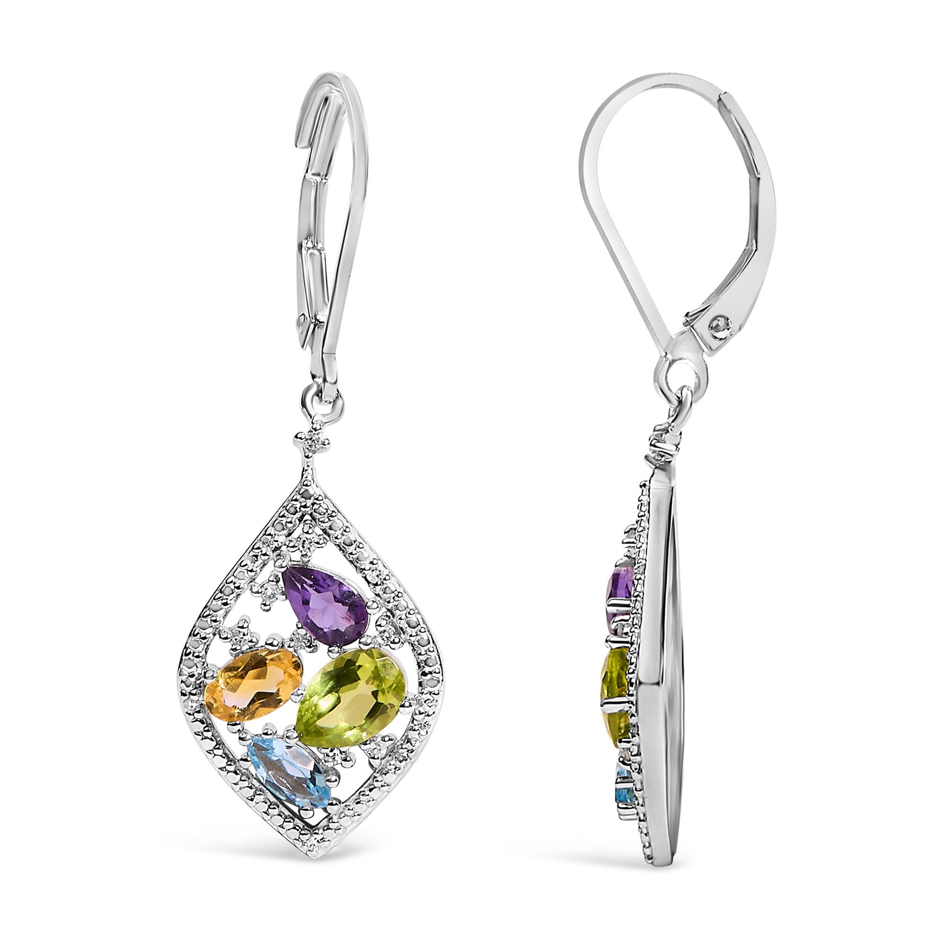 Pair of white metal drop earrings shown from front and side angles, each featuring a diamond-pave bordered open kite shape with clustered prong-set colorful pear and oval-shaped gemstones in purple, green, yellow, and blue.