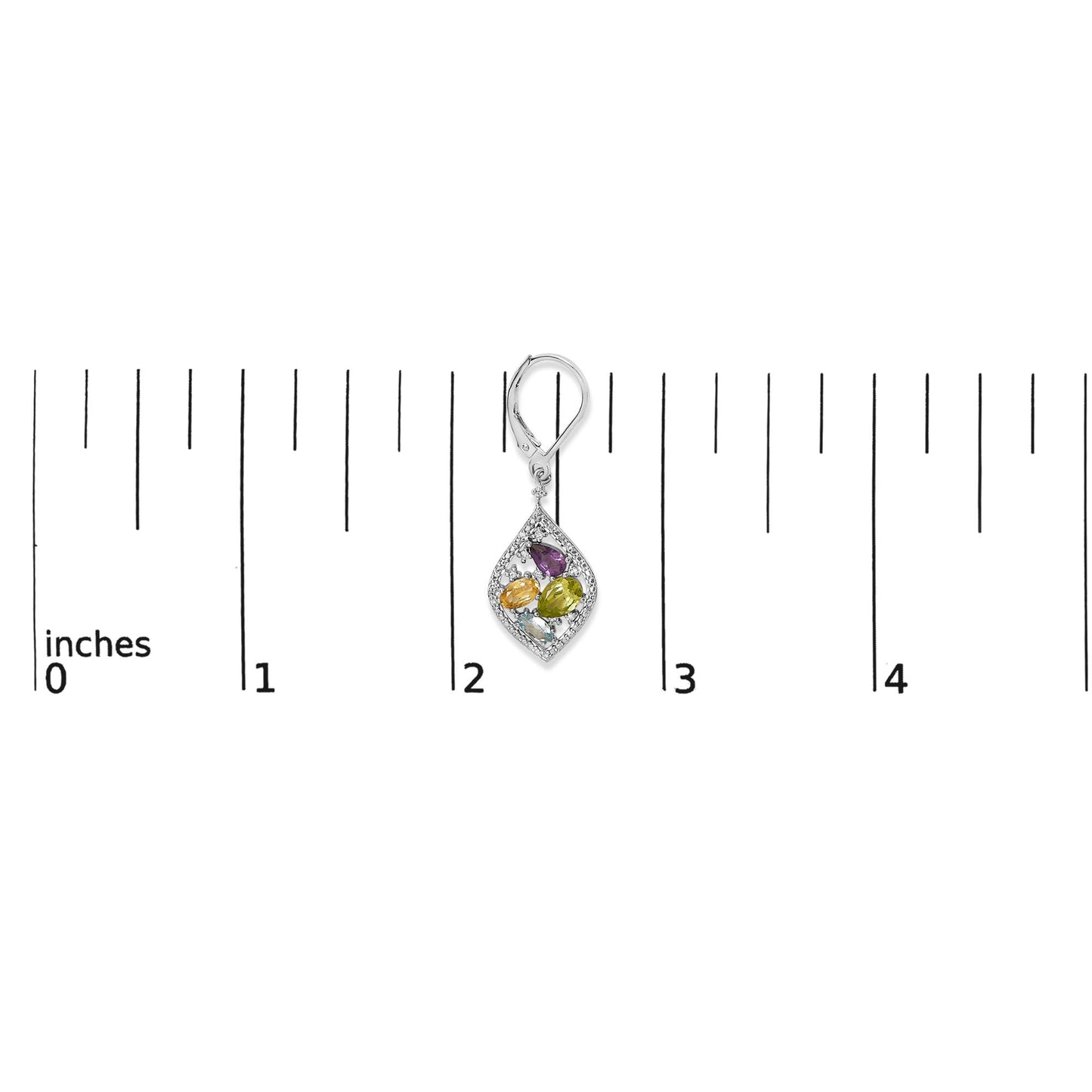Single white metal earring shown on a scale, featuring a diamond-pave bordered, curved diamond-shaped drop with assorted colorful pear, oval, and marquise shaped gemstones in the center, viewed from the front.