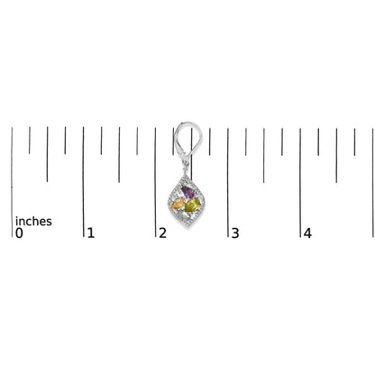Single white metal earring shown on a scale, featuring a diamond-pave bordered, curved diamond-shaped drop with assorted colorful pear, oval, and marquise shaped gemstones in the center, viewed from the front.
