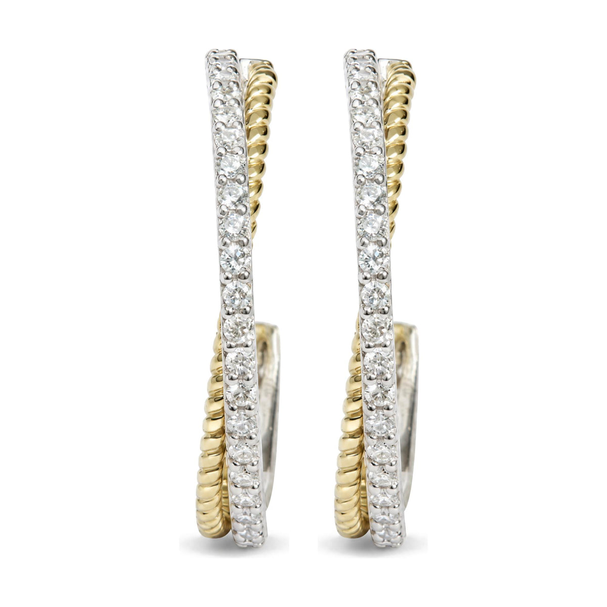 Close-up front view of a pair of earrings featuring two intertwined bands, one with white gemstones in shared prong settings and the other smooth with a yellow color.