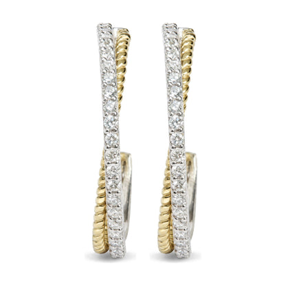 Close-up front view of a pair of earrings featuring two intertwined bands, one with white gemstones in shared prong settings and the other smooth with a yellow color.