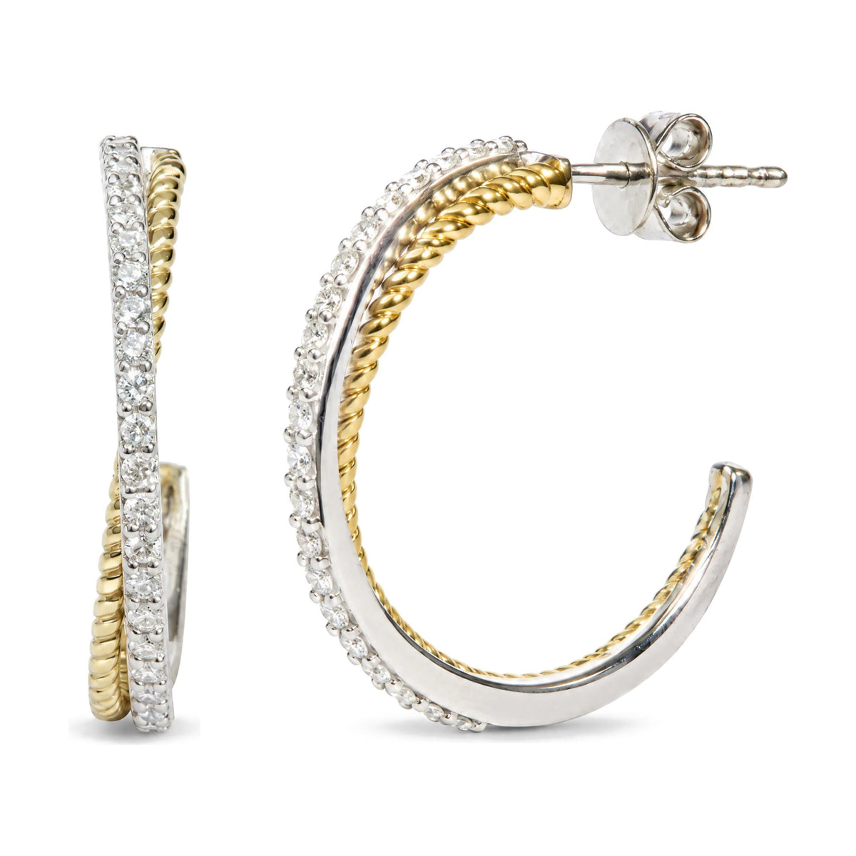 Close-up image of a hoop earring shown at an angle, featuring a twisted yellow metal rope design alongside a white metal band set with round white gemstones in a shared prong setting, with the post and butterfly back visible.