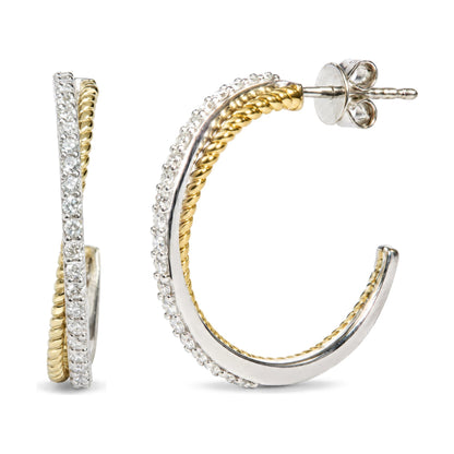 Close-up image of a hoop earring shown at an angle, featuring a twisted yellow metal rope design alongside a white metal band set with round white gemstones in a shared prong setting, with the post and butterfly back visible.