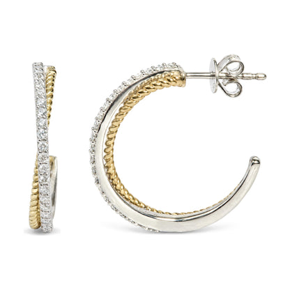 Close-up side and front angle of a pair of yellow and white metal hoop earrings featuring round white gemstones in shared prong settings along the outer edge.
