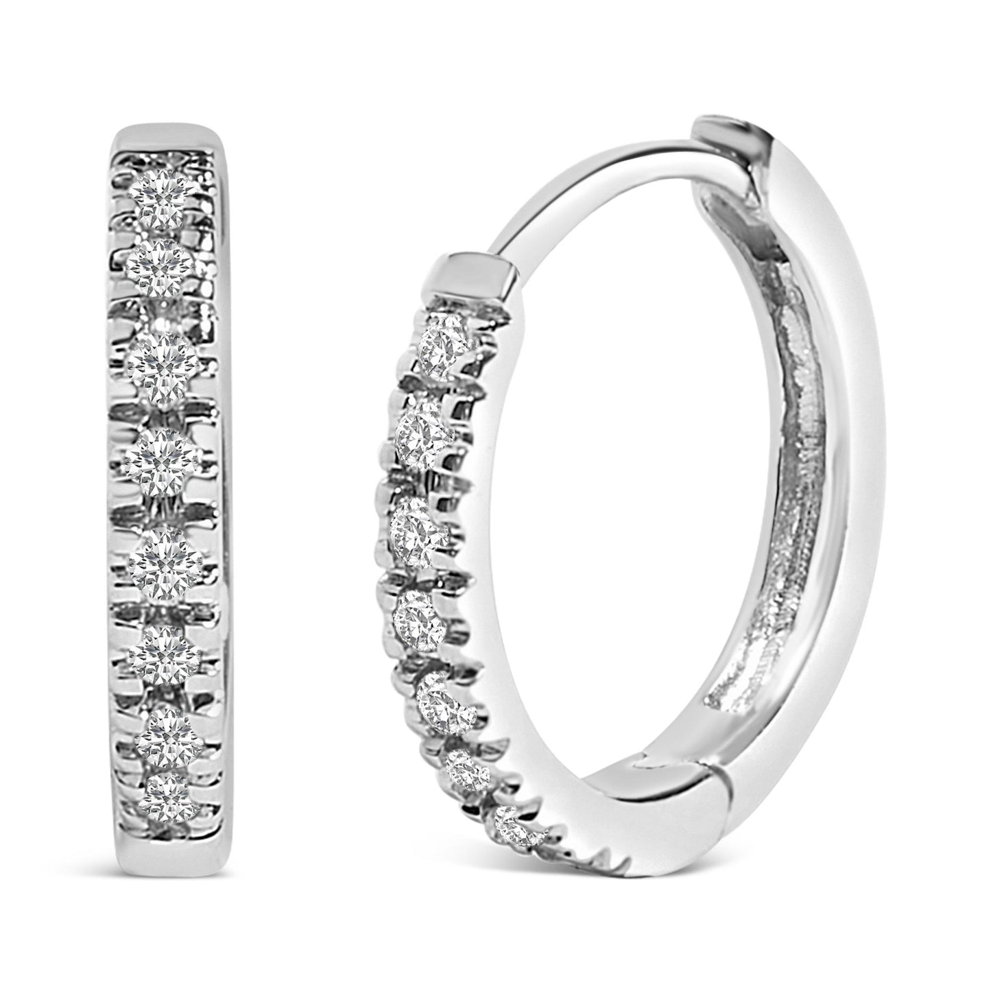Close-up front and side view of white metal hoop earrings with multiple round white gemstones set in a row along the outer edge.