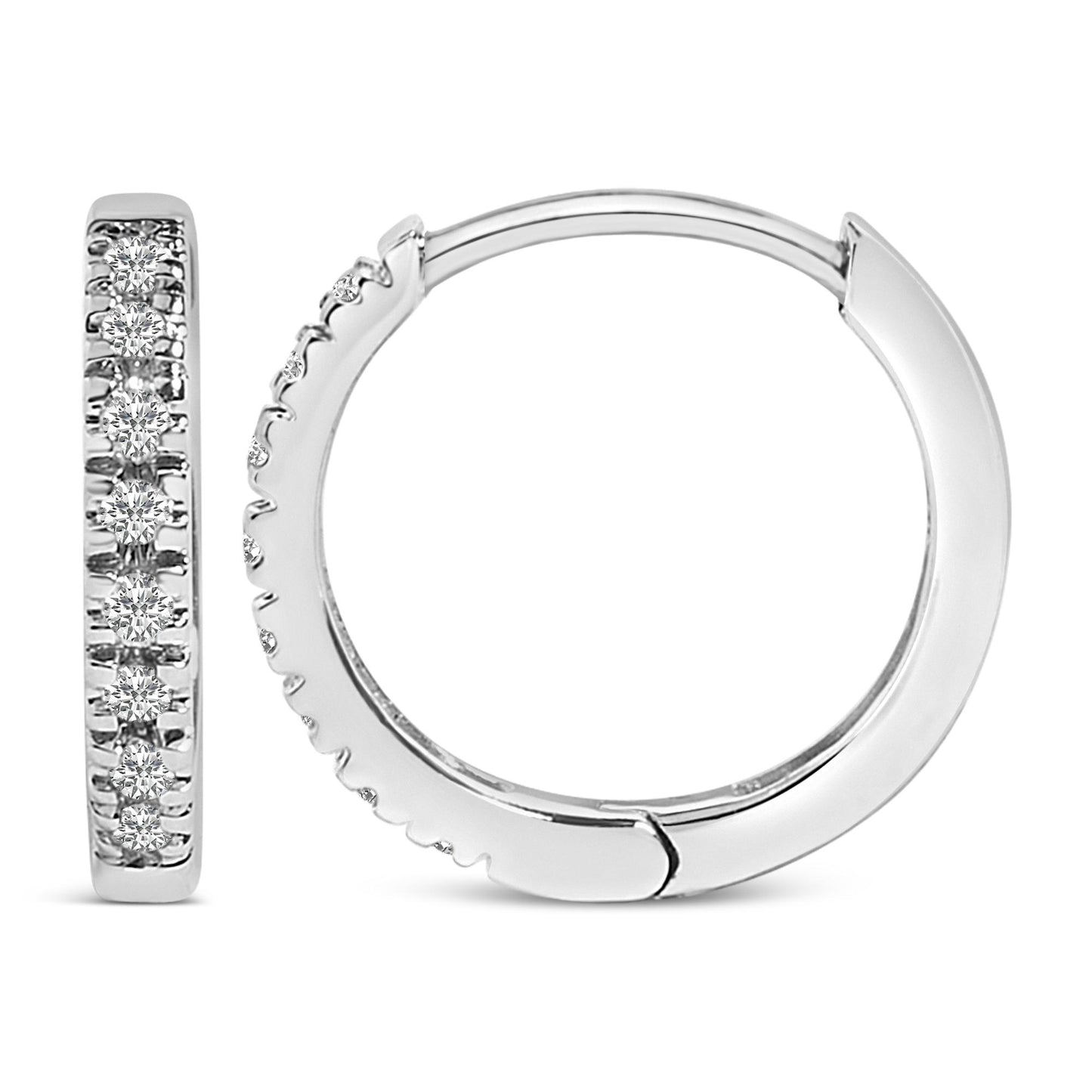 Close-up front and side view of white metal hoop earrings with round white gemstones in a 4-prong setting.