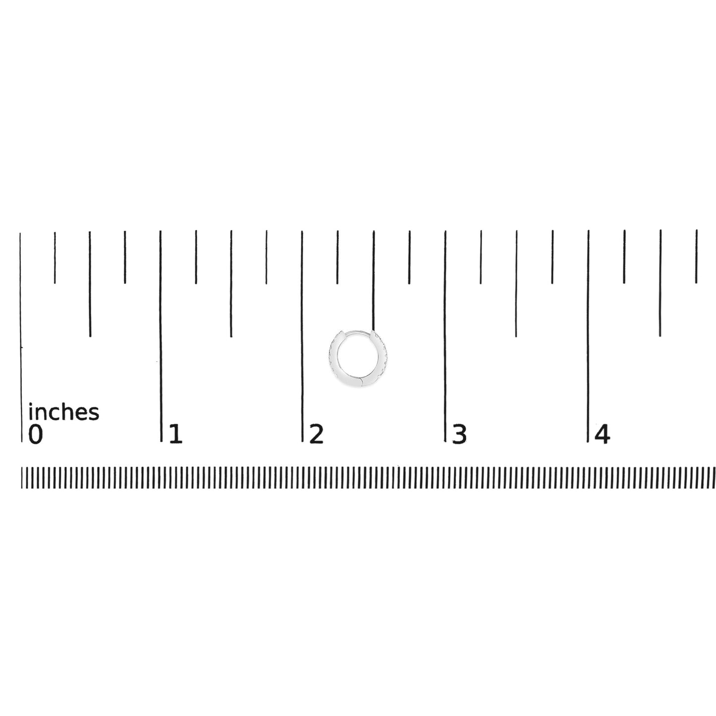 White metal hoop earring with round white gemstones in shared prong setting, shown on a ruler scale, front angle.