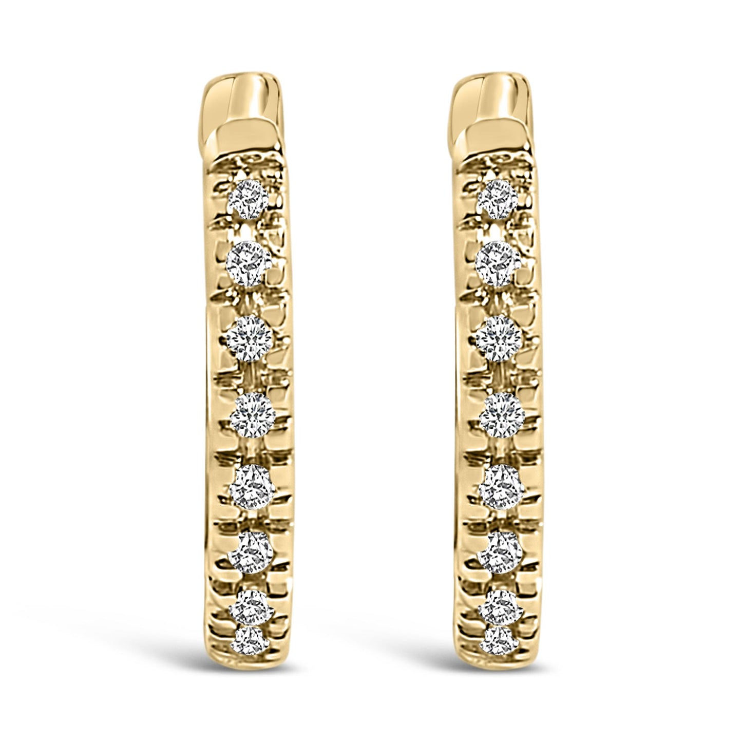 Front-facing close-up of a pair of yellow metal hoop earrings set with round white gemstones in a vertical line.