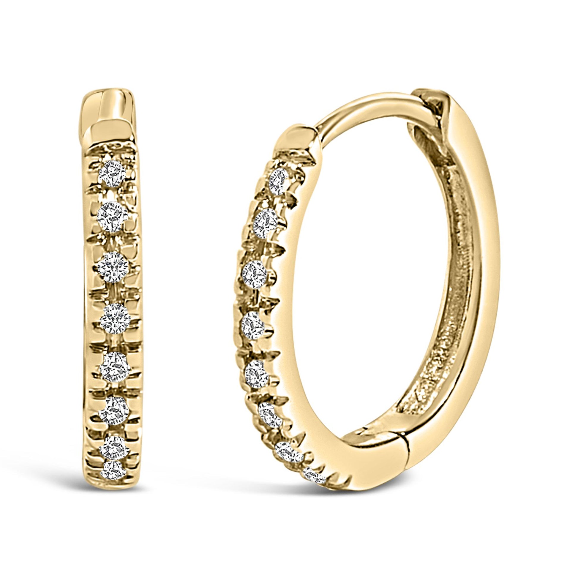 Close-up front and side view of two yellow hoop earrings set with round white gemstones in four-prong settings along the outer edge.