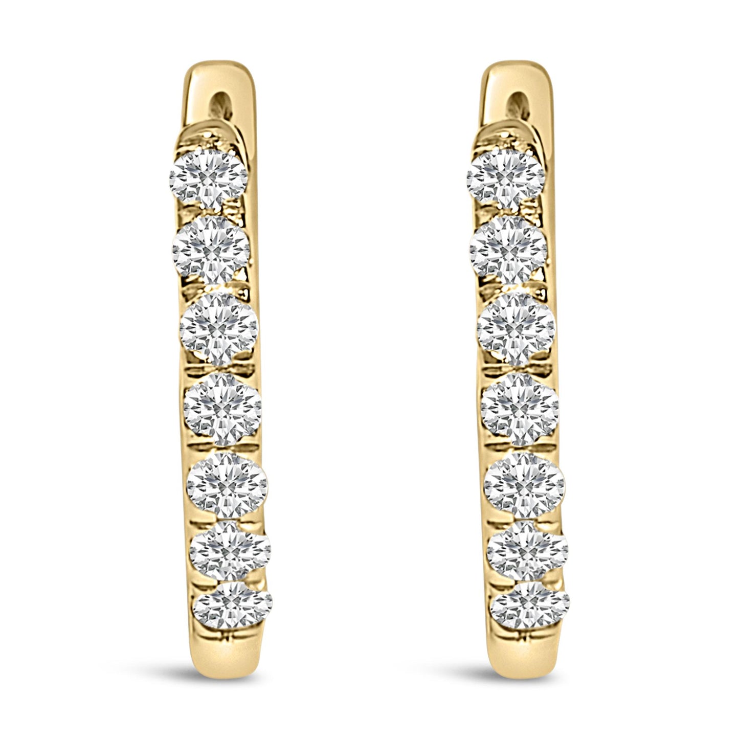 Pair of yellow metal hoop earrings with a row of round white gemstones in shared prong setting, shown from a front angle on a white background.