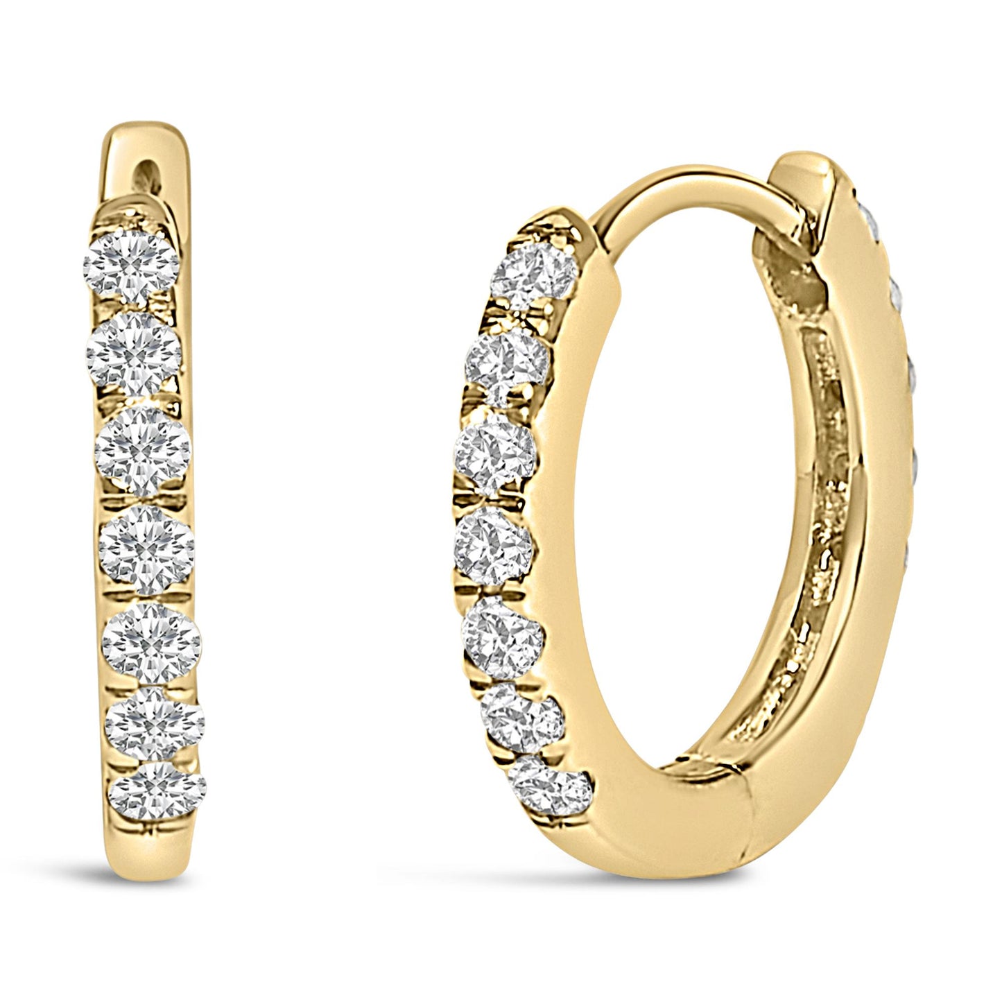 Pair of yellow metal hoop earrings with round white gemstones in shared prong setting, shown from front and angled side views on a white background.