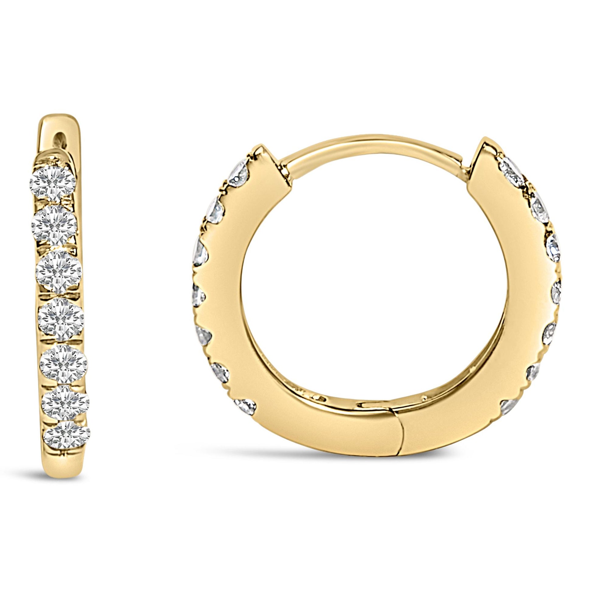 Close-up front and side views of a pair of yellow hoop earrings set with round white gemstones in a shared prong setting.