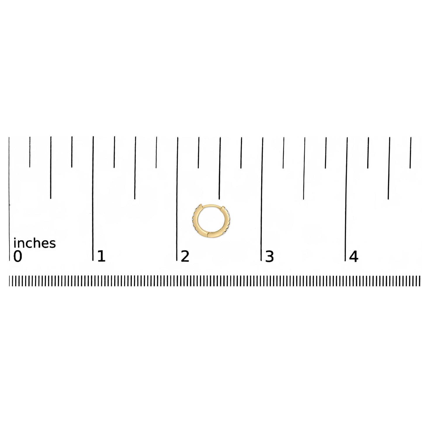 Yellow hoop earring with white round gemstones in shared prong setting, shown on a ruler scale from a top-down angle.
