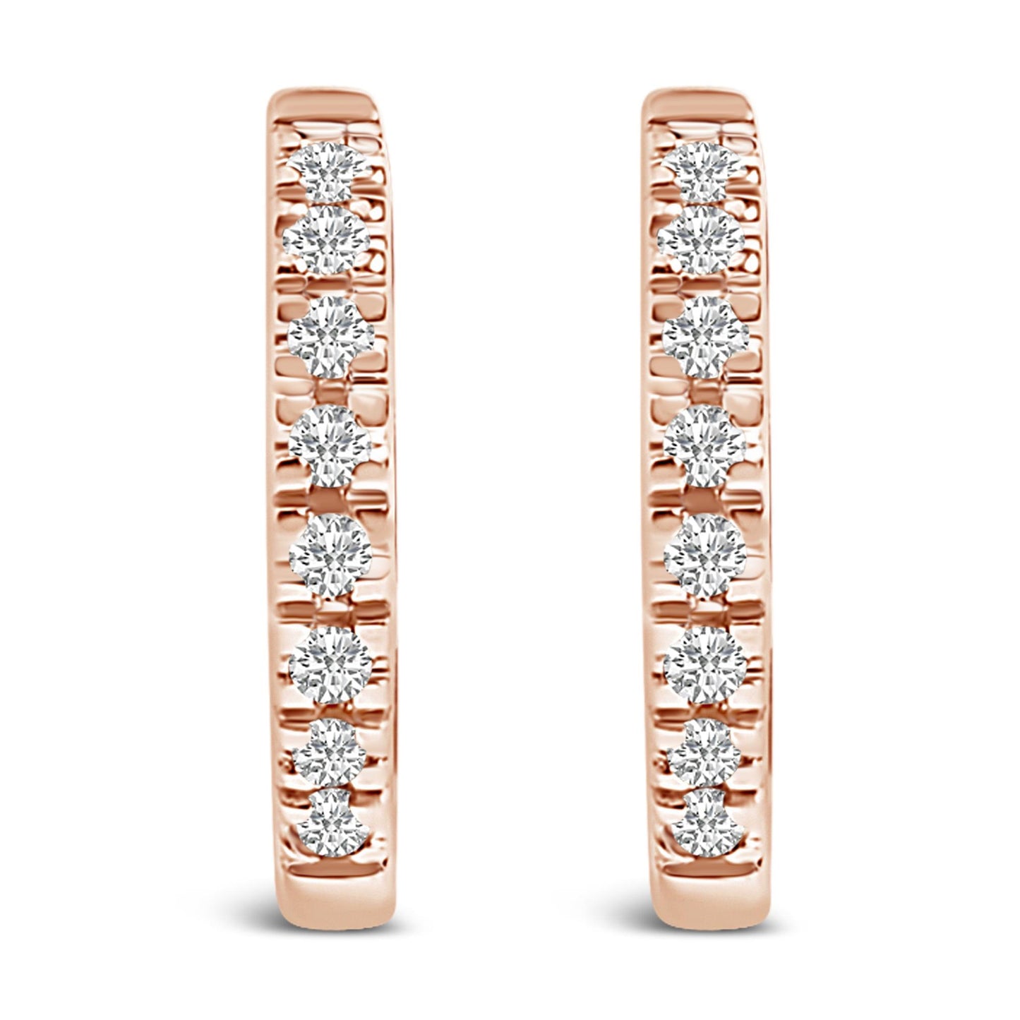 Front view of a pair of rose-colored metal hoop earrings each set with multiple round white gemstones in a 4-prong setting.