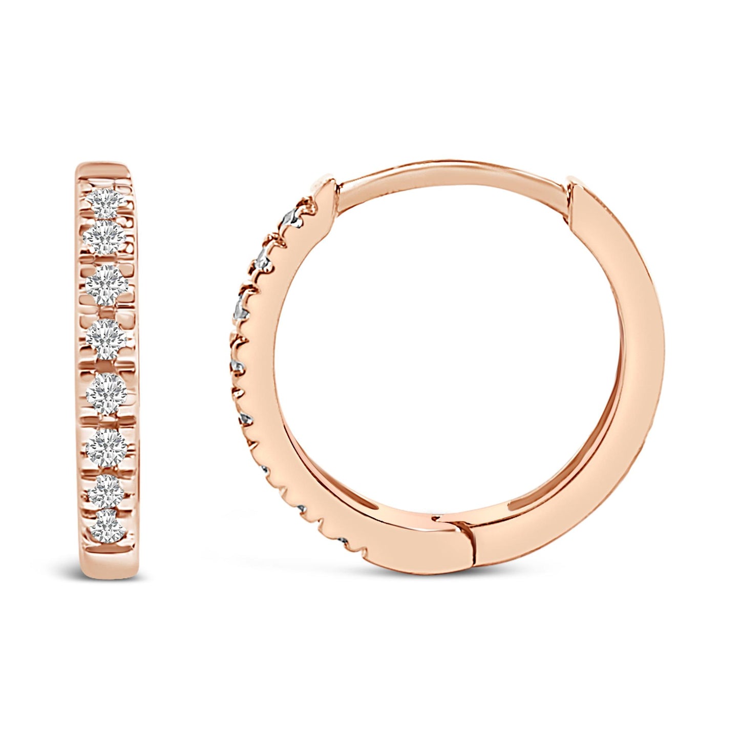Pair of rose-colored hoop earrings shown from the front and side angles, each adorned with round white gemstones set in a row on the outer edge.