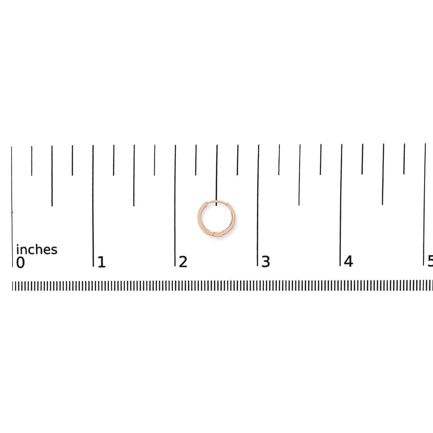 Rose-colored round hoop earring with white round gemstones in 4-prong settings along one side, shown on a ruler scale, front-facing angle.