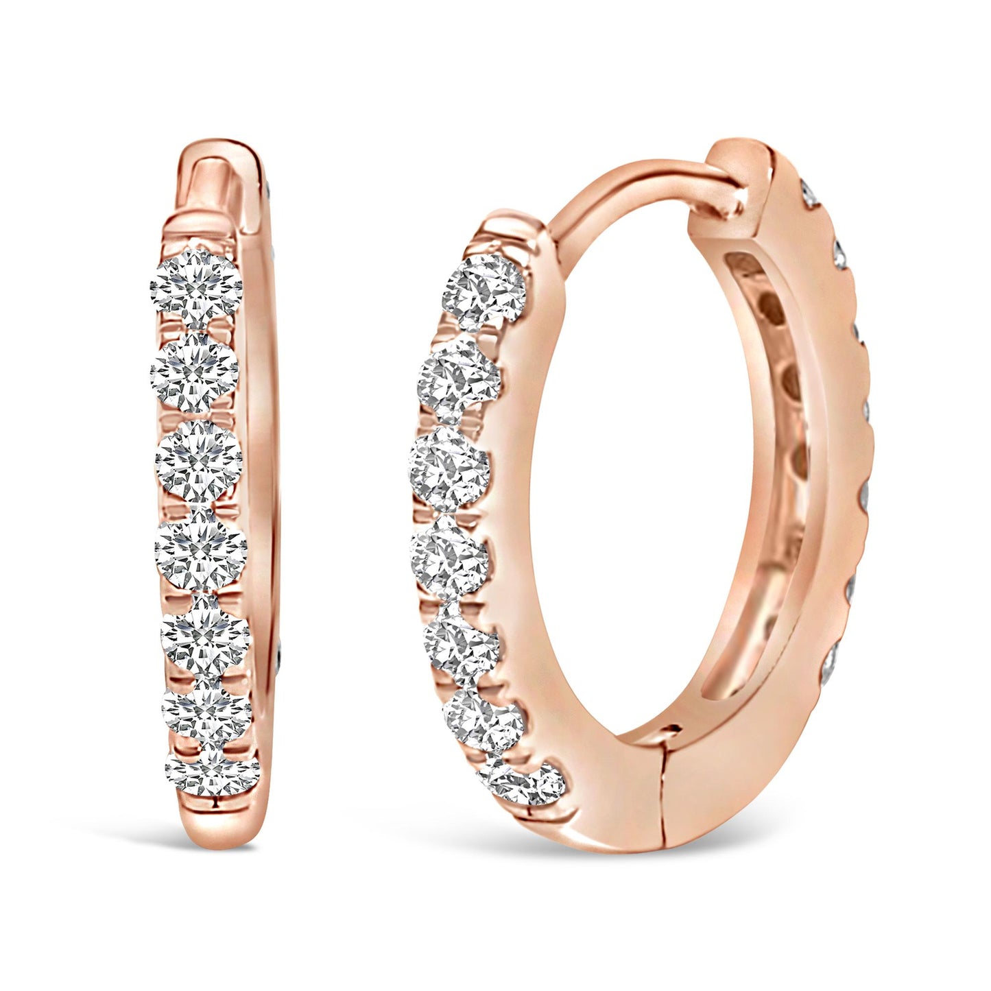 Close-up front and side views of rose-colored hoop earrings with round white gemstones set in a shared prong setting, shown on a white background.
