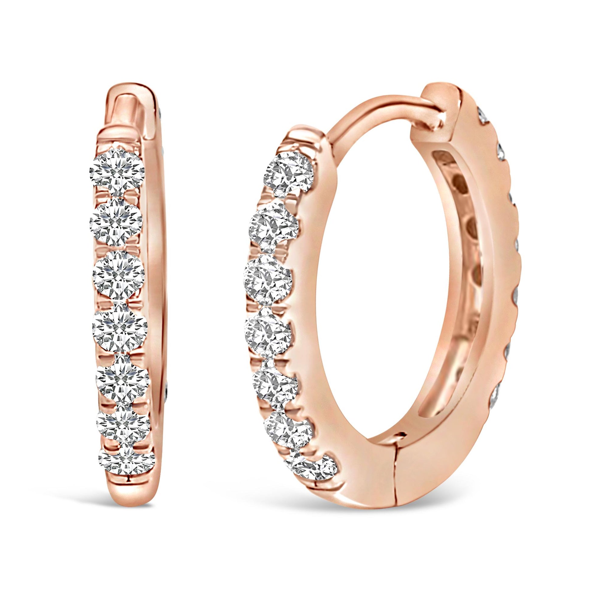 Close-up front and side views of rose-colored hoop earrings with round white gemstones set in a shared prong setting, shown on a white background.