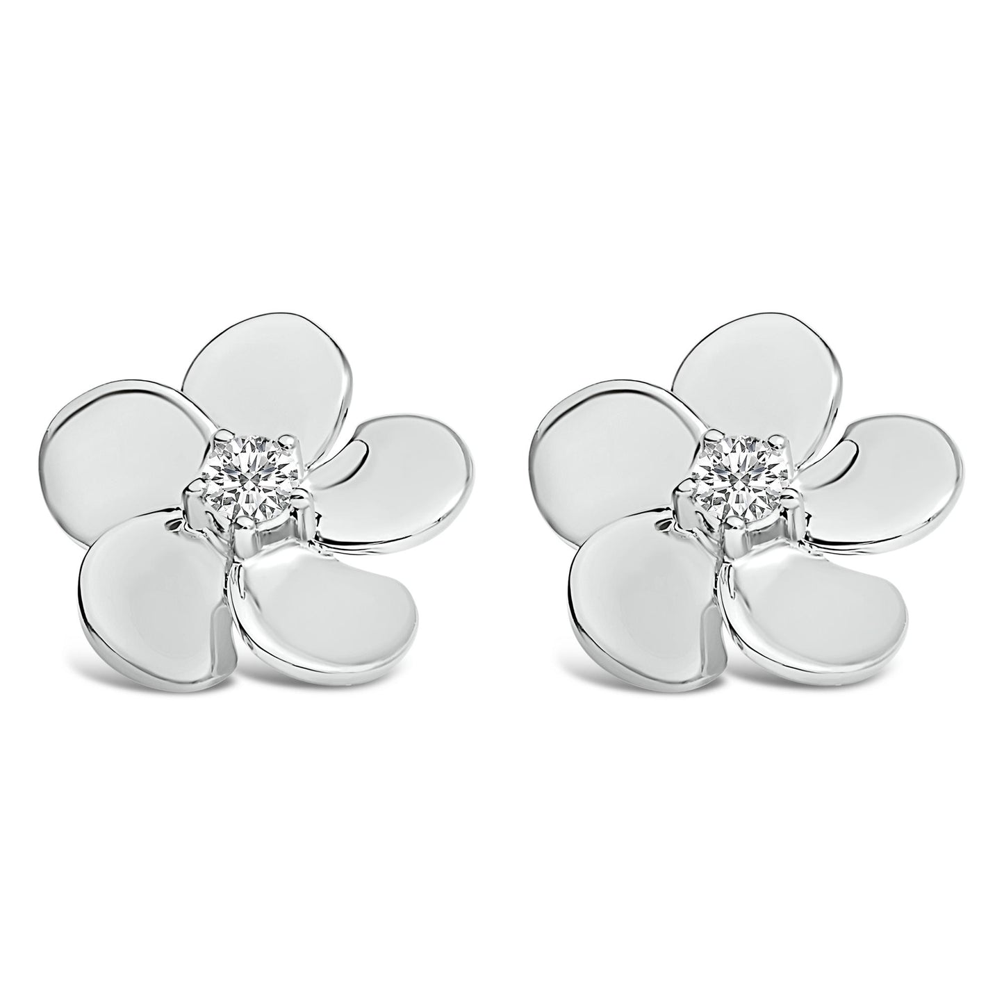 Pair of white metal flower-shaped earrings with round white gemstones in prong settings at the center, shown from a front angle on a white background.