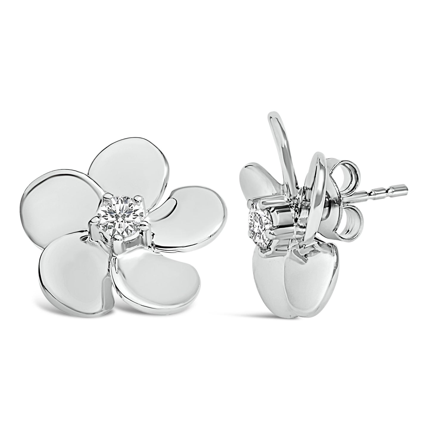 White metal flower-shaped stud earrings with a round white gemstone at the center, shown from front and side angles.
