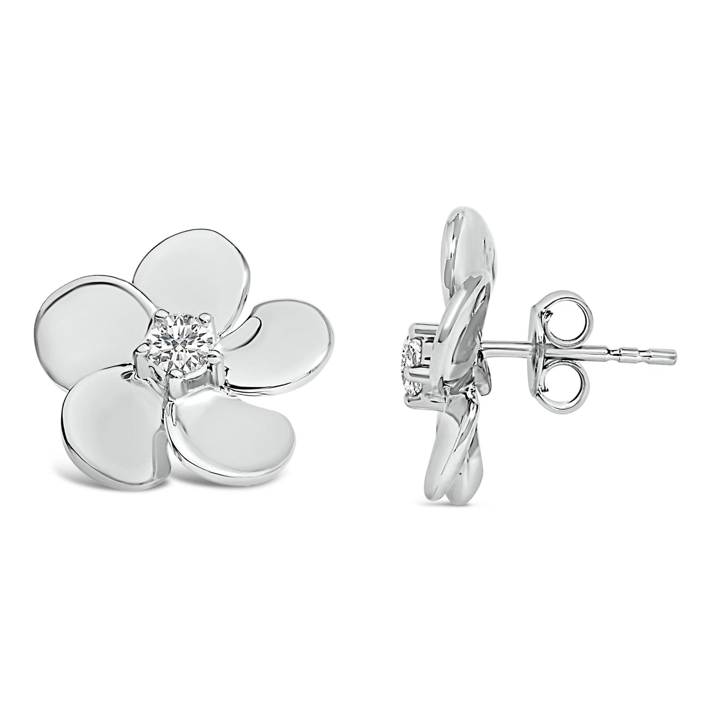 Pair of white metal flower-shaped stud earrings with a round white gemstone in the center, shown from front and side angles on a white background.
