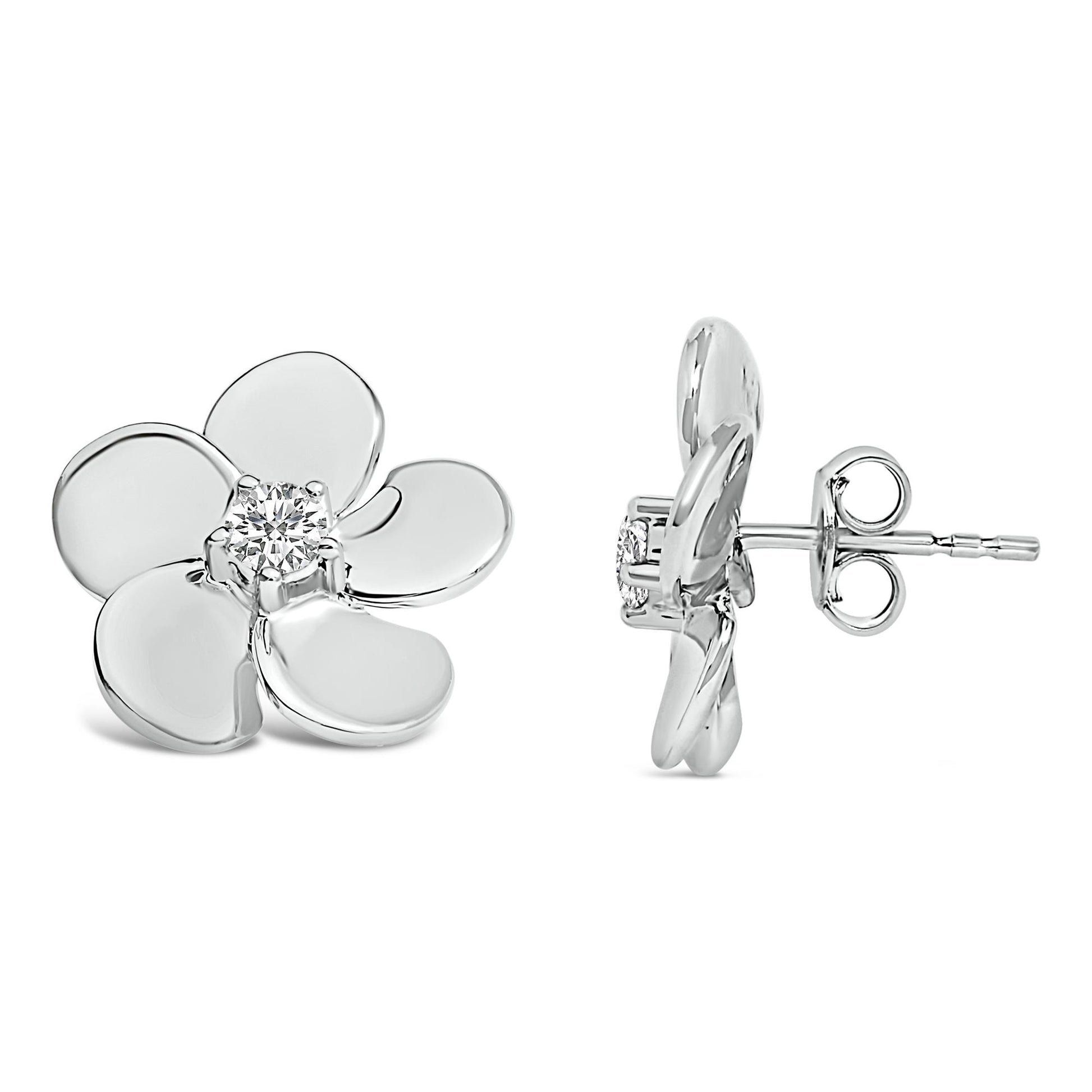 Pair of white metal flower-shaped stud earrings with a round white gemstone in the center, shown from front and side angles on a white background.